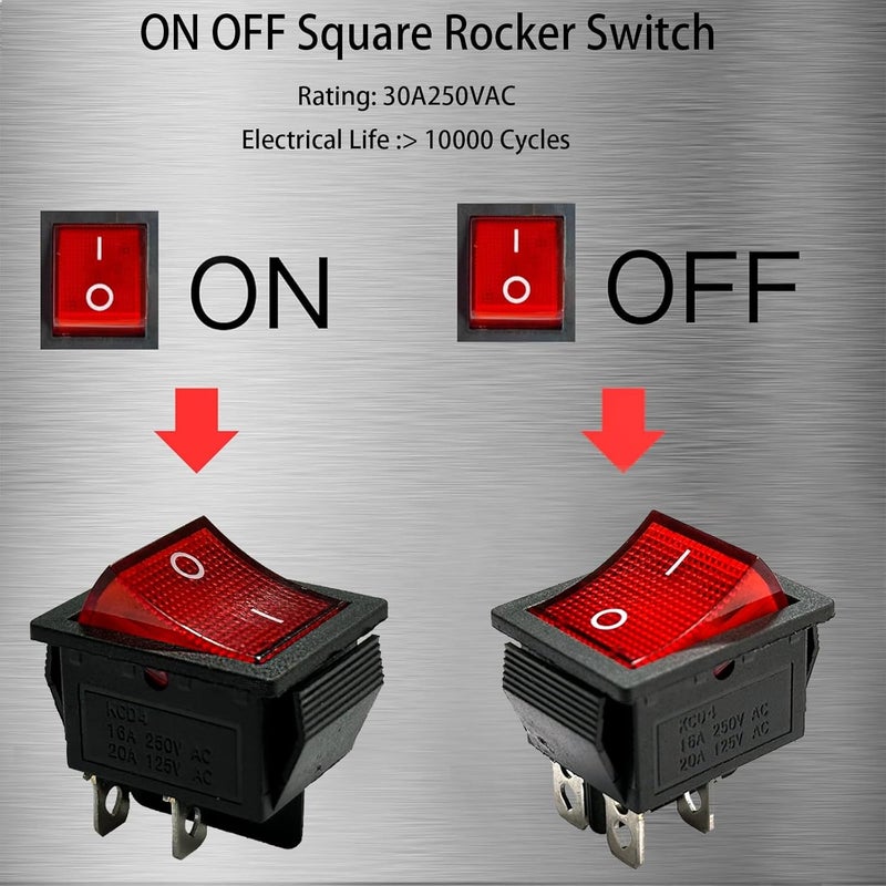 TSYCWQ مفتاح روكر KCD4 4 دبابيس مفتاح روكر DPST ON/Off مع إضاءة حمراء مفتاح طاقة قابل للتثبيت 16A 250V AC / 20A 125V AC للاستخدام المنزلي والمركبات البحرية والطرق الوعرة - Image 5